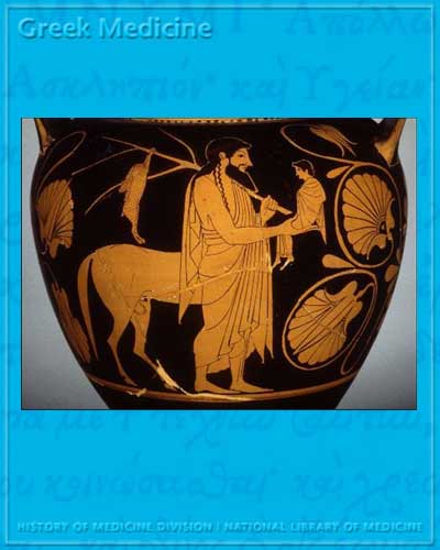 Vase painting featuring the bearded centaur Chiron standing holding a tree branch in his left hand with a rabbit skin hanging from it and the baby Achilles in his right hand; Achilles and Chiron are making eye contact; large stylized flowers surround the pair.  Vase painting, 5th century B.C.E. (Louvre G3; photograph by Maria Daniels).