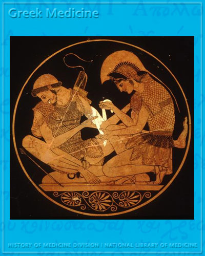 Achilles kneels and dresses the wound on the left arm of Patroclus who is seated, all within a circular frame; vase painting in black and orange, 5th century B.C.E.  (Berlin F2278, Staatliche Musee zu Berlin; photograph by Maria Daniels; Courtesy of the Bildarchiv Preussischer Kulturbesitz).