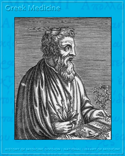 Woodcut portrait of Dioscorides, seated, facing to the right holding plants, by an unknown artist, circa 1550.  NLM/IHM image B07205.