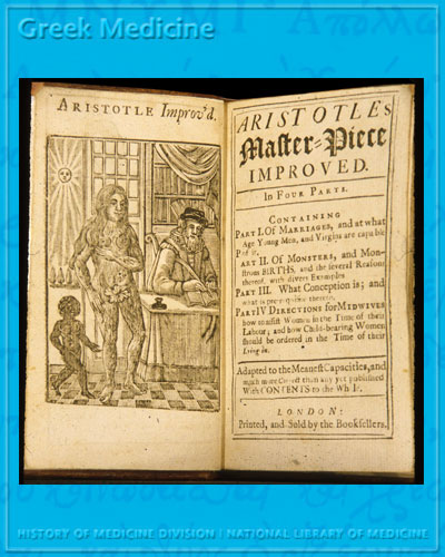 Title page and frontispiece of Aristotle's Master-piece improved. (London: Printed, and sold by the book sellers, [1766]).  The frontispiece is a woodcut image showing a scholar in a library at a desk writing with a quill pen with a hirsute nude woman standing to his left and a black child standing to her left with a window behind them showing the sun shining in.  NLM Call number: WZ 260 A718m 1766.