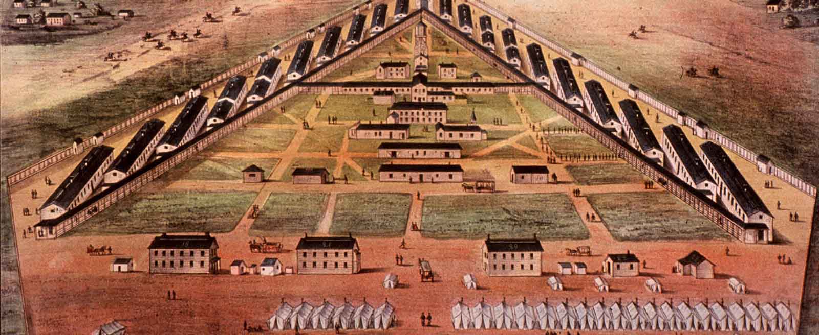 A color bird's eye view  of the Lincoln General Hospital complex including 20 pavilions, arranged in two lines forming a V shape, and 25 tent wards.