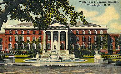 A color postcard of the Walter Reed Hospital, ca. 1930 - a multi-story brick building with a large wide staircase up to a four Greek ionic columned entrance.