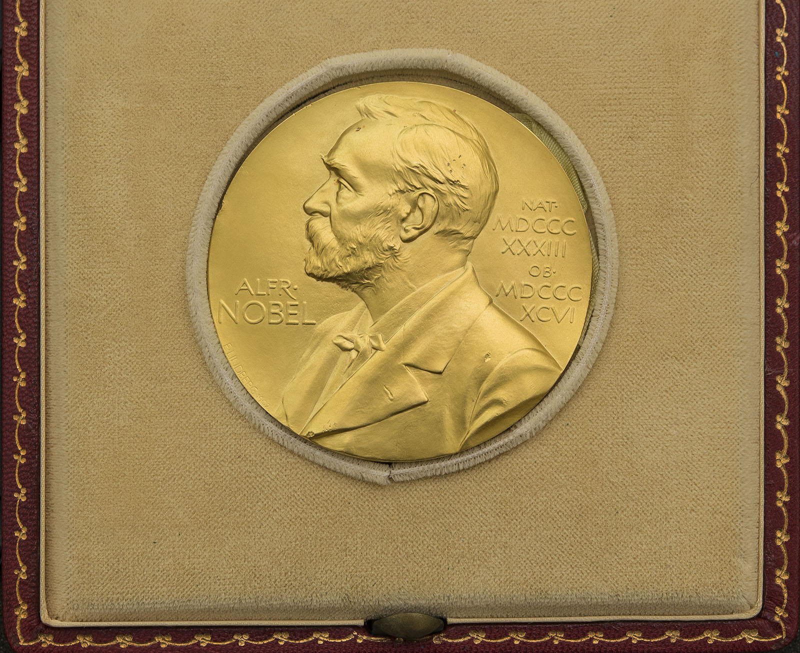 A Nobel Prize Medal in a velvet case.