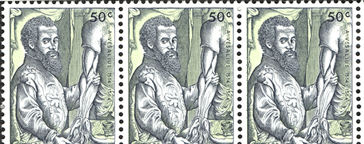 Three stamps in a sheet featuring Andreas Vesalius.