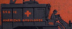Detail of a cloth book cover printed with an image of an ambulance.