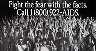AIDS information poster with a crowd of people holding hands.