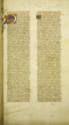 Folio 1 recto from Avicenna's Canon medicinae. The folio is written in two columns of sixty lines using black ink; ruled in ink; prickings in outer margins. The headings are written using red ink. The beginning of each section has an illuminated letter in gilt with blue and red coloring alternating.