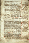 Folio 128 recto from Treatises on Medicine. This folio shows a beautifully executed mend using stitching, made before the parchment was used as the text is written in black ink around the mend. Some capital letters are written using red ink. On the right margin a red line has been drawn and marginal notes written in black ink. In the bottom right corner in blue ink the number 128 has been stamped.