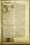 Folio 1 recto from Articella, seu, Opus artis medicinae. The page is printed in two columns with a hand-colored initial letter m at the top of the page and and marginal decoration. The start of every paragrah has a hand written capital letter alternating in red and blue ink.