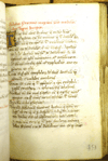 Folio 49 recto from Hippocrates' Aphorismi which shows  the beginning of of Galen's Tegne or Tegni. The title is written in red ink while the main portion of the text is a brown ink. In the upper left corner is a letter T in blue on gold. At the bottom is a modern stamp of 1 in the right corner.