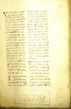 Folio 2 recto from Hippocrates' Aphorismi. 15th century. There are two olumns of 28 lines, ruled in dry point. The text is written in humanistic cursive book script and the paragraphs begin with a capital letter either in red or blue ink.