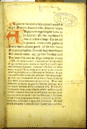 Folio 1 recto from Regimen sanitatis Salernitanum which are the beginning words of the folio. There is the Surgeon General's Office Library Stamp in the upper right corner of the page. A capital letter A is written in red ink beginning on the third line and continuing through the sixth line. There are two lines of marginilia in brown ink towards the bottom of the folio. At the top of the folio in brown ink is the signature Johannes Chadwicke.
