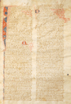 Folio 1 recto from Yuhanna Ibn Masawayh's Liber de simplicibus featuring hand written two column page of sixty lines that are ruled in ink. A twenty-nine initial 'I' begins at the top of the folio. Paragraph marks alternate in red and blue.