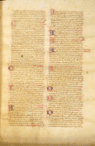 Folio 22 recto from Yuhanna Ibn Masawayh's Liber de simplicibus featuring hand written two column page of sixty lines that are ruled in ink. Paragraph marks alternate in red and blue.