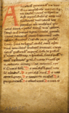 Folio 1 recto, the opening page of Joannes de Sancto Paulo's Breviarium de signis, causis, et curis morborum. Brown colored parchment with the majority of the words written in Latin in dark brown ink. The beginning letter A is capitalized filling 6 lines ink red ink.