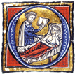 A historiated initial O from folio 32 recto from Hunayn ibn Ishaq al-'Ibadi's Isagoge Johannitii in Tegni Galeni. A physician consulting a book at his patient's bedside.