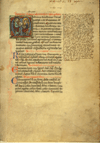 Folio 1 recto from Hunayn ibn Ishaq al-'Ibadi's Isagoge Johannitii in Tegni Galeni. The hand written page is has two and three line pen flourished initials in margin, alternating red and blue. There is a historiated initial M in the top left corner of the page. Within the letter 'M' a tonsured master is sitting to the left, he is holding an open book to which he is pointing and commenting on; a tonsured student is sitting on the right, holding a notebook.