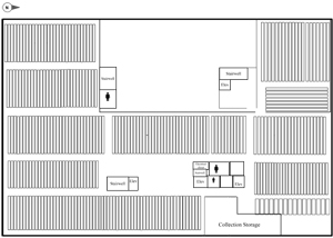 Detailed illustration of the floor plan of a library denoting stack locations, stairwells, elevators, electrical closet, bathrooms and collection storage.