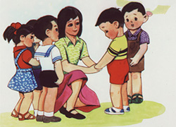 Slide showing a boy, wearing red shorts and a yellow and black shirt, standing in front of his teacher with his head bowed and speaking to her as another boy, in brown overalls and checkered shirt, and other children look on