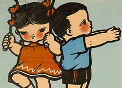 Poster with two children exercising, a young girl wearing a red dress jumps rope next to a small boy wearing a blue shirt and 