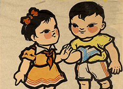 Poster showing girl wearing a dress and a red handkerchief around her neck gestures with her left hand to a boy standing next to her and points with her right hand to a spittoon on the ground