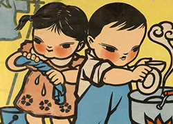 Poster showing a girl standing over a washtub, a bucket just behind her, wringing out an article of clothing while a boy tends to a pot of water over a fire rinsing a cup and plate. Behind the two children is a clothesline with a shirt hanging on it