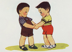 Slide showing two little boys, one in red shorts and a yellow and black shirt, another in brown overalls and checkered shirt, gaze at each other and holding hands, seeming to reach an understanding