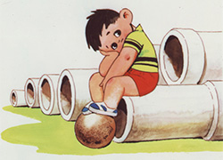 Slide showing a little boy with dark hair, wearing red shorts and a yellow and black shirt, sitting on the end of a long pipe resting on the ground with his head in one hand, his feed on top of a red ball