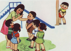 A slide showing a teacher in a red skirt and green blouse bending over and shaking her finger, scolding a boy, in brown overalls and checkered shirt, as other children look on. A boy wearing red shorts and a yellow and black shirt stands further away peeking from around a corner
