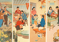 A poster with four vertical images of people working, studying, and taking care of their child; text on top and bottom