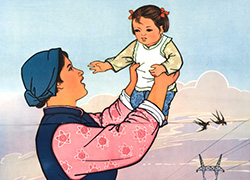 Poster with a red title on top and an image of a mother holding up her child into the sky