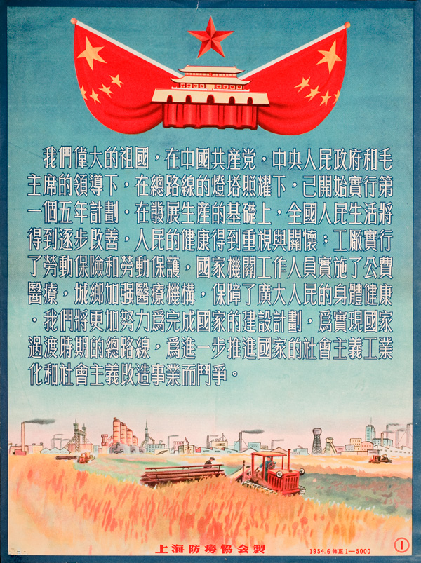 Poster with a cityscape featuring Tiananmen, a farm, factories, and a Chinese flag on each side of a red star in the sky, text in the middle.