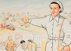Poster with a red background, text below, and an image of a female nurse holding out one hand to show the construction site in the background. A smaller picture in the middle shows a male doctor examining a worker and a peasant. 
