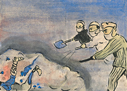 Poster with a main image of men using shovels and a sprayer to attack their enemies, text below