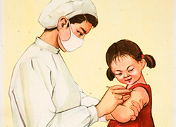 Poster with an image showing a female nurse giving a child the BCG vaccine and text below