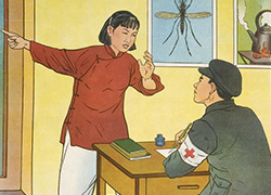 Poster with title on top, main image of a woman standing and speaking to a seated health worker, and text below