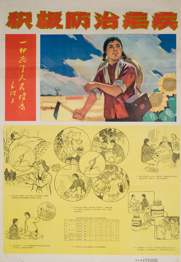 Poster with a title and main image on top, below are line drawings on a yellow rectangle