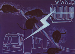 Mostly dark blue image with dark silhouettes of rats and a white line drawing of electrical wires and subway in the back
