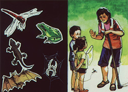 Two images: to the left shows a mosquito, frog, spider, and lizard; and to the right am older woman speaking to a boy and girl holding a mosquito net and a mosquito on a string 