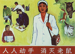 Yellow background with an image of a nurse in front; people setting up rat traps to the left; an owl, cat, and dog to the right; and red banner with text at the bottom