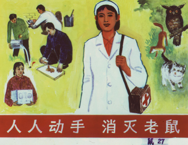 Yellow background with an image of a nurse in front; people setting up rat traps to the left; an owl, cat, and dog to the right; and red banner with text at the bottom