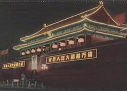 Advertisement with a nighttime image of a pagoda style house at the top and on the bottom is text and an image of a large box of medication with smaller boxes of pills below on a green background