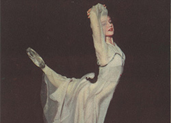 Advertisement featuring a woman in a flowing white gown standing in a ballet pose, below is a can of nutritional supplement and text