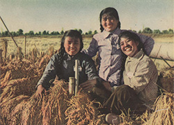 Advertisement featuring an image of three women sitting in a field smiling, below is a can of medicine and text