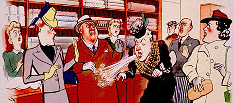 A drawing of a woman sneezing in a department store.