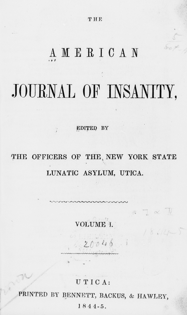 Title page, edited by the officers of the New York State Lunatic Asylum, Utica.
