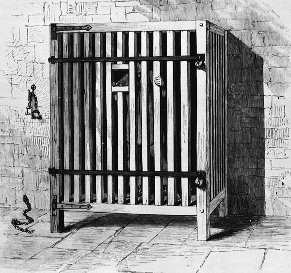An illustration of cell made of wooden slats raised up off the floor, with a small square opening at head height, fastened closed with bars and padlocks.