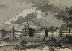An engraving depicting a long building with six wings of 3 floors and a 4 story central section
with a dome and extensive grounds.