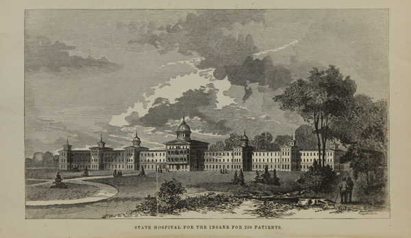 An engraving depicting a long building with six wings of 3 floors and a 4 story central section with a dome and extensive grounds.