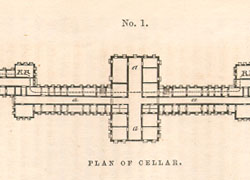 Floorplans of the cellar and first floors with long wings of open wards extending east and west from the central hallway.